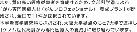 また、質の高い医療従事者を育成するため、文部科学省による「がんプロフェッショナル養成プラン」が開始され、全国で18件が採択されています。本学看護学研究科も採択され、大阪大学他３大学と連携し「チーム医療を推進するがん専門医療者の育成
－集学的治療から在宅医療そして緩和ケアまで－」に取り組んでいます。